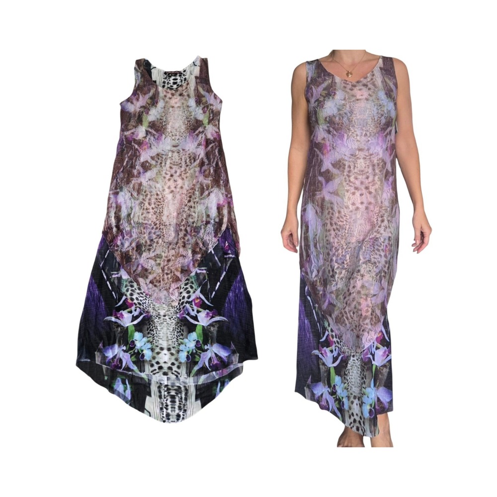 VTG Y2K Mesh Floral Leopard Print‎ Layered Midi Dress Small Made USA Art Deco